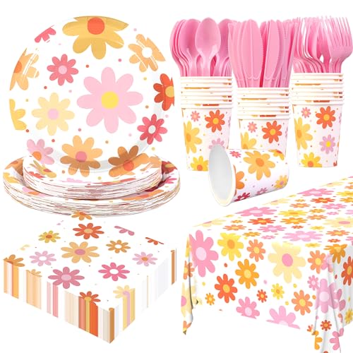 Groovy Party Supplies Daisy Groovy Tableware Set Serves 24 Include Boho Daisy Tablecloth Hippie Tableware Set for Boho Hippie Retro Birthday Baby Shower Party Decor