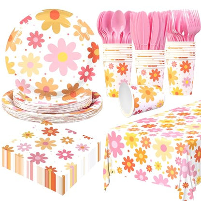 Groovy Party Supplies Daisy Groovy Tableware Set Serves 24 Include Boho Daisy Tablecloth Hippie Tableware Set for Boho Hippie Retro Birthday Baby Shower Party Decor