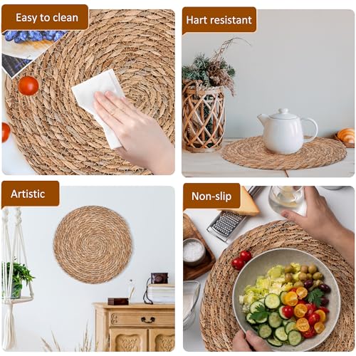GENMOUS Woven Placemats Set of 10, 13" Round Placemats Natural Water Hyacinth Boho Placemats,Farmhouse Rattan Chargers for Dinner Plates,Rustic Braided Wicker Table Mats for Thanksgiving,Home,Wedding - size: 13inch, Set of 10
