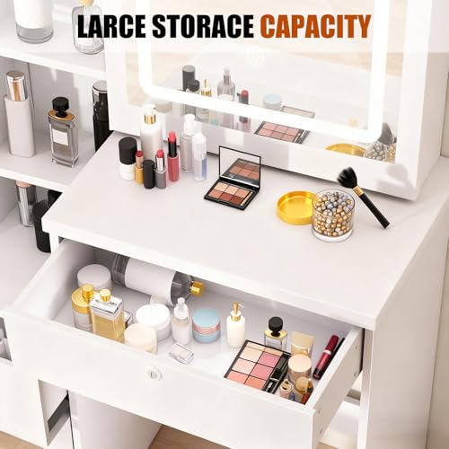 Vanity Desk with Mirror and Lights,Makeup Vanity with Extra Hidden Stroage,Makeup Desk with 4 Drawers 7 Open Shelves,Dressing Table for Bedroom,3 Color Light Modes,Small Vanity Desk（US Fast Arrival）