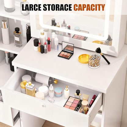 Vanity Desk with Mirror and Lights,Makeup Vanity with Extra Hidden Stroage,Makeup Desk with 4 Drawers 7 Open Shelves,Dressing Table for Bedroom,3 Color Light Modes,Small Vanity Desk（US Fast Arrival）