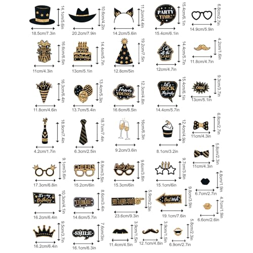 HARZHI Photo Booth Props Kit for Birthday Wedding Party Supplies Carnival Crazy Dance Decor Photobooth Funny Cute Holiday Selfie Supplies Masked Ball (36 Pcs Birthday)