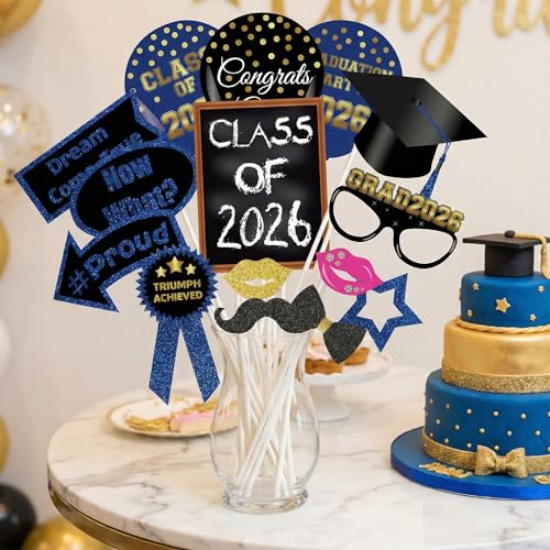 Class of 2026 Graduation Photo Booth Props Set - 35PCS Blue and Gold Graduation Party Decorations with Paper Sticks & Double-Sided Tape, Perfect for 2026 Congrat Grad Party Supplies