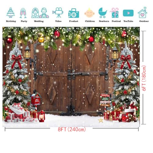 8X6FT Winter Christmas Rustic Barn Wood Door Photography Backdrop Xmas Tree Snow Background Banner for Family Holiday Party Decoration Supplies New Yeary Family Gathering Banner - size: 8x6ft