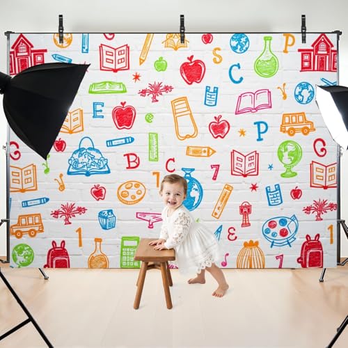 5x7ft Photography Backdrop Hand Painted Pencils Books White Brick Wall First Day School Online Photo Backdrop Photography Background for Photoshoot Portrait Video Party Photo Studio Prop Booth - color: Color1