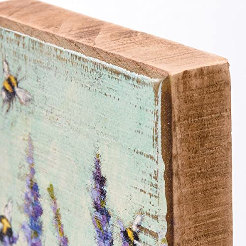 Primitives by Kathy Lavender and Bees Sign for Home Décor, Natural Wood Block Sign, Rustic Style with Distressed Details, Hand Painted Art, 4 by 4 Inches, Designed for Wall or Tabletop Display