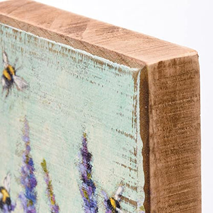 Primitives by Kathy Lavender and Bees Sign for Home Décor, Natural Wood Block Sign, Rustic Style with Distressed Details, Hand Painted Art, 4 by 4 Inches, Designed for Wall or Tabletop Display