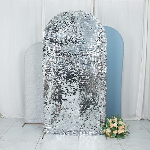 Efavormart Set of 3 Dusty Blue Silver Chiara Arch Backdrop Covers (7ft/6ft/5ft), Round Top Snug Fit, Double-Sided Big Sequin, Tinsel & Spandex Mixed Texture for Birthday, Party, Events - color: Dusty Blue