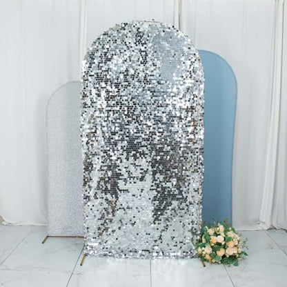 Efavormart Set of 3 Dusty Blue Silver Chiara Arch Backdrop Covers (7ft/6ft/5ft), Round Top Snug Fit, Double-Sided Big Sequin, Tinsel & Spandex Mixed Texture for Birthday, Party, Events - color: Dusty Blue