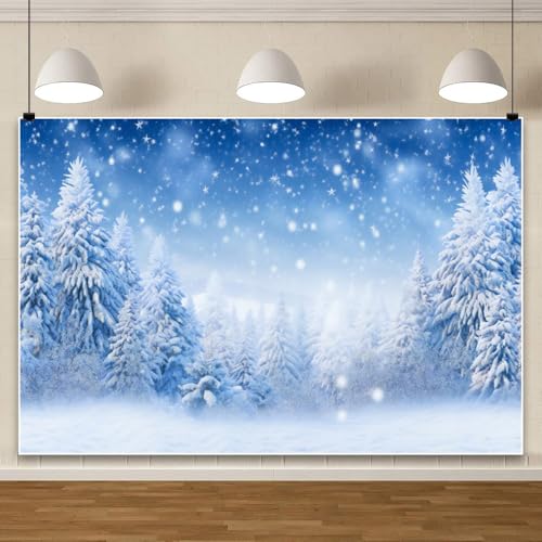 Laeacco 12x8ft Winter Snow Scenery Backdrop Falling Snowflake Wonderland Snow Pine Trees Forest Landscape Photography Background Christmas New Year Family Party Kids Adult Portrait Photo Booth Props - size: 12x8ft