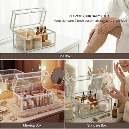 40 Lipsticks Organizer with Lid, Glass Display Box Fits Large Perfume & Skincare, Easy-Access Organiser for Vanity Countertop, Multifunctional Display Box in Any Rooms - color: white
