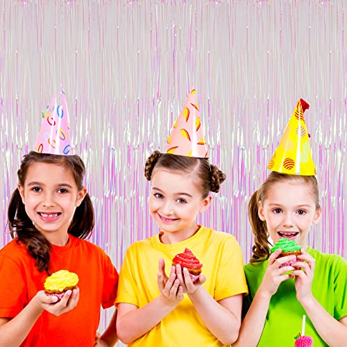 Voircoloria 3 Pack 3.3x8.2 Feet Iridescent Transparent Foil Fringe Backdrop Curtains, Tinsel Streamers Birthday Party Decorations, Fringe Backdrop for Graduation Baby Shower Gender Reveal Disco Party - color: 11 Iridescent