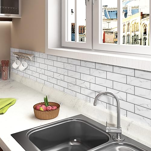 WESTICK Peel and Stick Backsplash Tile 10 Sheets Peel and Stick Subway Backsplash Grey Marble Back Splash Sticky Tiles Oil-Proof Tile Stickers Waterproof Wall Tiles for Kitchen Bathroom DIY 12”x12” - color: 2.Marble white