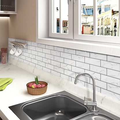 WESTICK Peel and Stick Backsplash Tile 10 Sheets Peel and Stick Subway Backsplash Grey Marble Back Splash Sticky Tiles Oil-Proof Tile Stickers Waterproof Wall Tiles for Kitchen Bathroom DIY 12”x12” - color: 2.Marble white