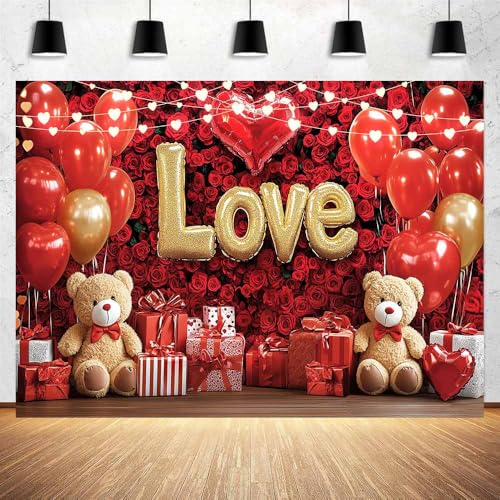 6 x 4 ft Valentine's Day Backdrop Day Love Heart Balloon Red Rose Flower Bear Photography Background Decoration Wedding Bridal Shower Anniversary Party Decoration - color: Red3, size: 6x4ft