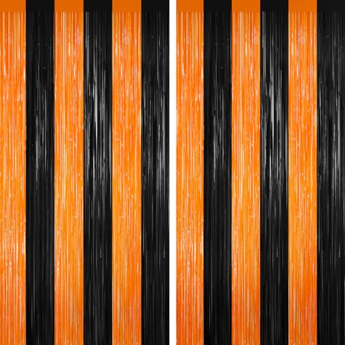 Black and Orange Tinsel Backdrop Foil Fringe Curtains - 2 Packs Door Streamers Backdrop for Birthday Door Decorations, Party Supplies for Bachelorette, Halloween, Christmas, Disco Decor - color: Black and Orange