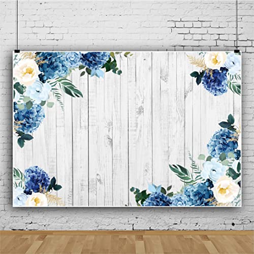 Yeele 5x3ft White Wood Backdrop Spring Rustic White Blue Floral Hydrangeas Camellia Flowers Wooden Texture Wall Photography Background for Birthday Wedding Baby Shower Decor Photo Shoot Studio Prop - size: 5x3ft