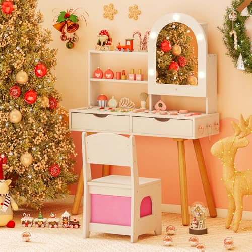Costzon Kids Vanity with Lights, Girls Vanity Set with Mirror Cabinet, Storage Drawers, Hooks & Shelves, Toddler Makeup Vanity Desk Dressing Table, Wooden Kids Vanity Table and Chair Set (White) - style: White with Mirror Cabinet