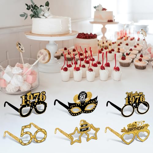 Turypaty 24Pcs 1976 50th Birthday Paper Glasses Decorations for Men Women - Black Gold Happy 50th Birthday Paper Eyeglasses Photo Props, Vintage 1976 Fifty Years Old Birthday Party Supplies - style: Black Gold 50th