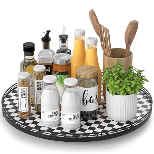 18" Black and White Kitchen Lazy Susan Turntable, Round Checkered Decorative Tray, Large Lazy Susan for Dining Table Centerpiece, Pantry, Kitchen, Bathroom, Countertop, Cupboard, Home Decor - color: Black & White, size: 18 inches