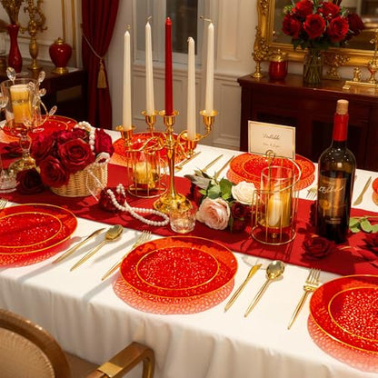 Rubtlamp 60 Pcs Red Plasitc Plates, Gold Red Disposable Plates, Fancy Party Plates, Hammered Plastic plates Include 30 Dessert Platos, 30 Dinner Platos for Party - color: Clear Red Gold