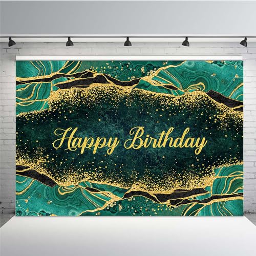 MEHOFOND 7x5ft Happy Birthday Backdrop Emerald Green Birthday Party Decorations with Marble Gold Gliter Photography Background 40th 50th 60th Party Banner Decorations Photo Studio Props - color: Green