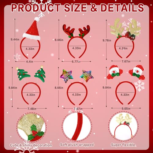 Wecoe Christmas Party Favors, 12pcs Christmas Headbands & Glasses Set - Festive Headwear Glasses Frame Hair Accessories for Women & Girls Classroom Game Party Supplies Photo Props