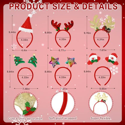 Wecoe Christmas Party Favors, 12pcs Christmas Headbands & Glasses Set - Festive Headwear Glasses Frame Hair Accessories for Women & Girls Classroom Game Party Supplies Photo Props