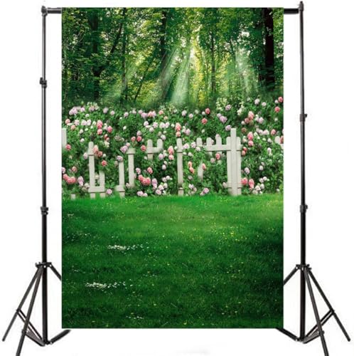 AOFOTO 4x5ft Romantic Garden Photography Studio Background Wedding Backdrop Spring Flowers Fence Meadow Grassland Girl Lovers Baby Kid Toddler Artistic Portrait Forest Photoshoot Props Video Drape - size: 4x5ft