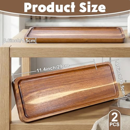 2 Pack Rectangular Wooden Platters, 11.4 x 4.1 Inch Acacia Wood Serving Tray, Long Rectangle Wood Platter Board for Cheese, Snack, Dessert, Food Display Home Decor