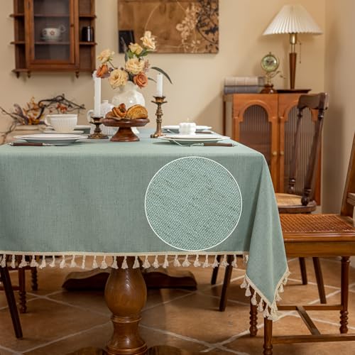 AmHoo Linen Blend Tablecloth Table Cloth 280 GSM Stitching Tassel Rectangle Decorative Natural Table Cover for Kitchen Dinning Wedding Buffet 55×70 inch Teal - color: Teal, size: 55×70 inch