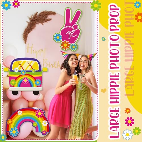 Soulchen 3 Pcs 24 Inch Large Hippie Photo Booth Props Retro Groovy Birthday Party Decorations Boho Bus Peace Sign Hand Rainbow Daisy Frame Backdrop for 60s 70s Hippie Party Supplies - style: Bright Hippie