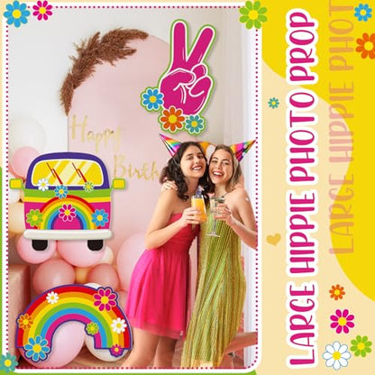 Soulchen 3 Pcs 24 Inch Large Hippie Photo Booth Props Retro Groovy Birthday Party Decorations Boho Bus Peace Sign Hand Rainbow Daisy Frame Backdrop for 60s 70s Hippie Party Supplies - style: Bright Hippie