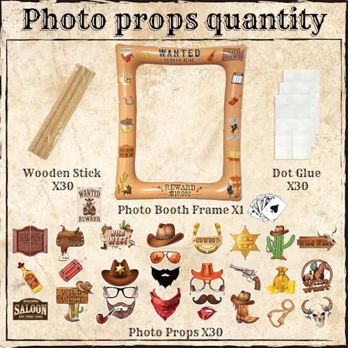 Western Cowboy Cowgirl Photo Booth Props Inflatable Frame, 30Pcs Wild West Photo Props with Large Inflatable Picture Frame for Country Rustic Cowboy Party Selfie Supplies - color: Western Cowboy