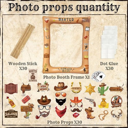 Western Cowboy Cowgirl Photo Booth Props Inflatable Frame, 30Pcs Wild West Photo Props with Large Inflatable Picture Frame for Country Rustic Cowboy Party Selfie Supplies - color: Western Cowboy