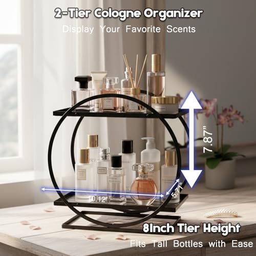 PARBEE Mens Cologne Organizer, 2-Tier Perfume Display Stand Metal Cologne Organizer Display Shelf, Sturdy Makeup Skincare Cosmetic Storage Shelf for Bathroom Countertop