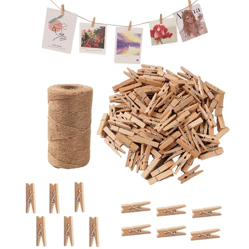 Small Clothes Pins for Photos,100PCS Mini Wooden Clothes Pins with 328 Feet Jute Twine,1.4 inch Tiny Clothes Pins for Photos,Crafts,Hanging Pictures,Baby Shower,Clip Photo Holders - color: Brown