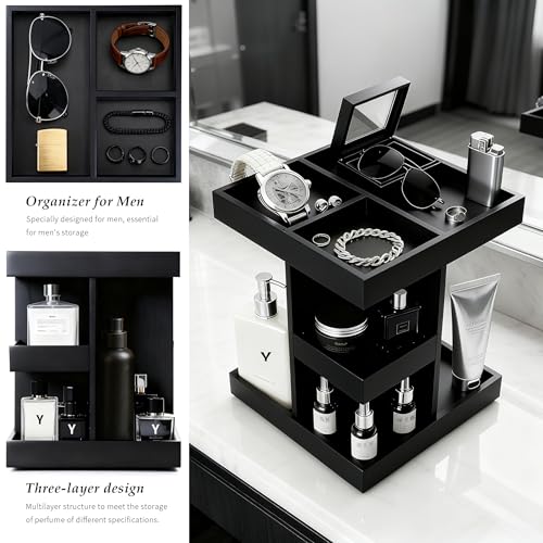 Rotating Cologne Organizer for Men, 3-Tier Large Capacity Wooden Perfume Stand with 360° Display, Desk & Dresser Organizer for Cologne, Watches & Accessories, Gift for Husband, Dad & Men (Black)