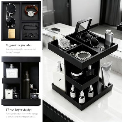 Rotating Cologne Organizer for Men, 3-Tier Large Capacity Wooden Perfume Stand with 360° Display, Desk & Dresser Organizer for Cologne, Watches & Accessories, Gift for Husband, Dad & Men (Black)