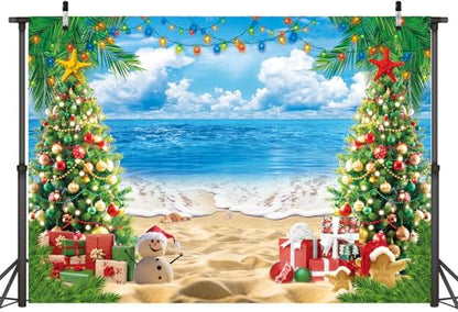 July Christmas Backdrop for Photography 7x5FT Summer Beach Christmas Tree Decorations Background Tropical Hawaiian Xmas Party Supplies Photo Props - size: 7x5FT