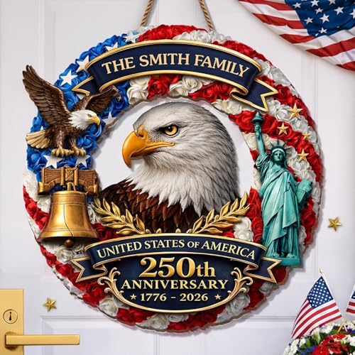 Personalized 250th Anniversary Patriotic Wood Wreath Door Sign 1776-2026, Custom Family Name Round Door Hanger, Independence Decor, Decoration Gifts, Gift For Mom, Dad, Brother, Family /6 - color: Design 06