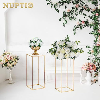 Nuptio Wedding Centerpieces Gold Vases: 2 Pcs 23⅝ inch Tall Flower Stand Metal Floor Vase Column Geometric Centerpiece Stands Rectangular Display Rack for Weddings Party Decoration - size: 23⅝" H X 2 Pcs