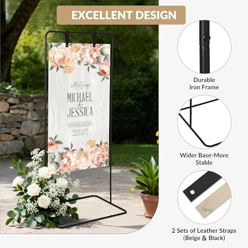 Garvee Wedding Welcome Sign Stand, 50/68 in Adjustable Metal Wedding Sigh Holder with 4 Faux Leather Straps, Hanging Sign Stand for Display Party Baby Shower, Black