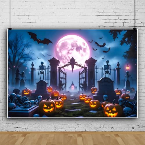 Halloween Backdrop 12x8ft Full Moon Skeletons Bats Halloween Backdrops for Photoshoot Spooky Graveyard Photography Background Scary Night Party Decorations for Adults Kids Home Decor Photo Props - color: Blue, size: 12x8ft