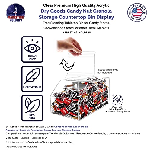 Marketing Holders Candy Bin Clear Acrylic 6" Dry Goods and Ice Cream Toppings Container with Scoop Slot and Hinged Lid Rounded Corners No Assembly - size: 6" Candy Bin