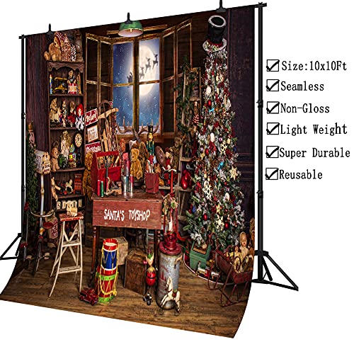 Christmas Santa's Toy Shop Photography Backdrop for Party Christmas Tree Gift Snow Window Wood Shed Store Background Family Portrait Seamless Vinyl Photo Props Banner Supplies PGT660E 10x10ft - size: 10'X10'