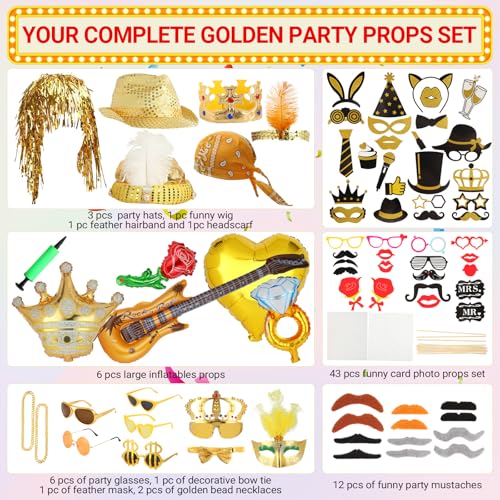 Premium Gold Photo Booth Props Set, Luxury Black & Gold Party Photo Booth Props Kit Accessories, Funny Hats and Glasses, Golden Wig, Inflatable for Graduation, Birthday, Wedding & Bachelorette