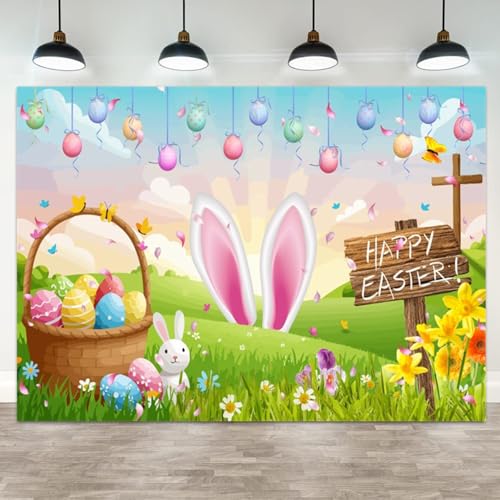 5x3ft Easter Photo Backdrop Happy Easter Theme Background with Bunny Ears Eggs Basket Spring Flowers Grass for Party Decor Holiday Celebration Seasonal Event Decoration - color: color 10, size: 5x3ft