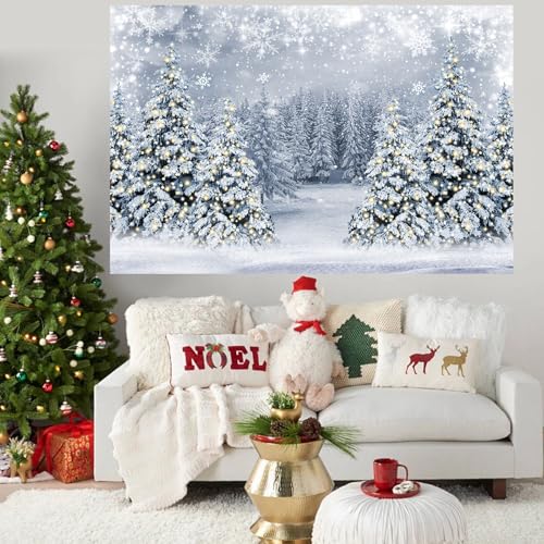 Mocsicka Winter Scene Backdrop Snowy Christmas Pine Tree Halo Spots Photography Background White Wonderland Snowflake Forest Party Holiday Photoshoot Props (White, 7x5ft) - color: white, size: 7x5ft