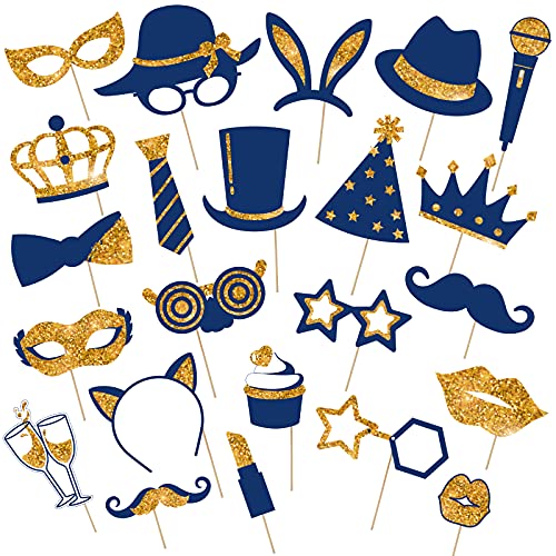 Zonon 24 Pcs Funny Photo Booth Props Class of 2026 Graduation Birthday Wedding Family Class Reunion Prom Disco Party Celebration Decoration Supplies Mix of Hats, Lipstick, Tie(Gold and Navy Blue) - color: Gold and Navy Blue